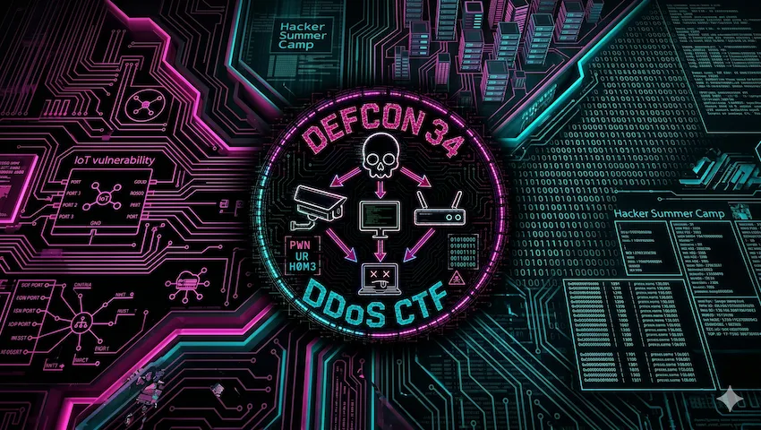 DEFCON 2026 DDoS CTF banner with a circuit-board motif